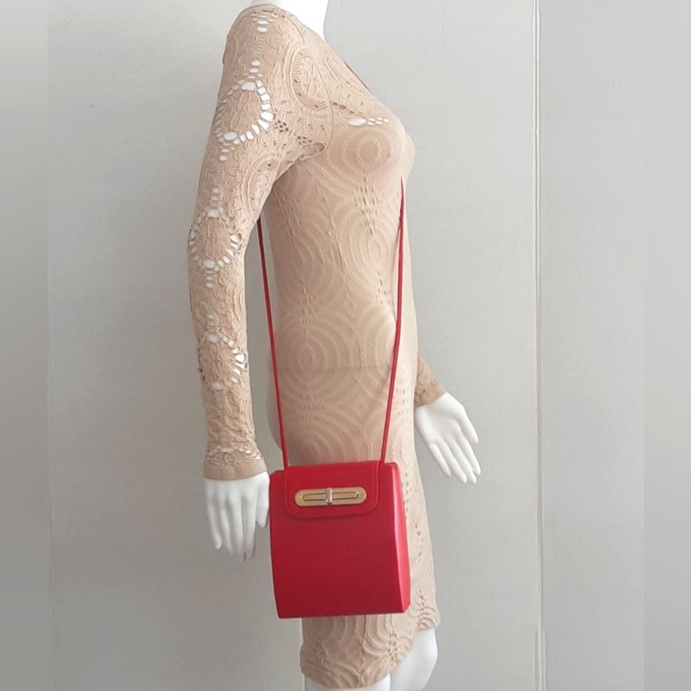 ANDE' Minimalist Red Box Vegan Leather Gold Tone Hardware Crossbody Bag - Vtg